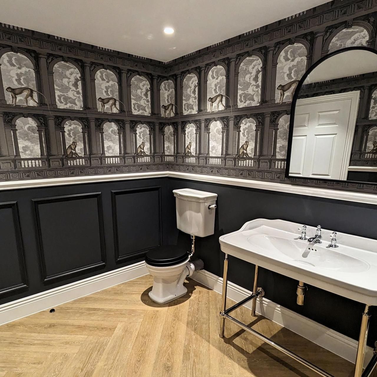 Downstairs WC with a monochrome architectural wallpaper above dark painted panelling, a basin on a metal stand and a WC